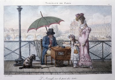 Scène de rue ancienne à Paris : mendiant aveugle sur le pont des arts. Gravure de Jean Henry Marlet (1771-1847) dans « Les Tableaux de Paris », série de 72 estampes, fin du XIXe siècle. - Jean Henri Marlet