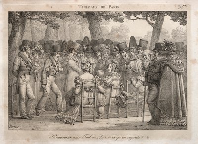 Scènes de Paris : Promenade aux Tuileries. Que regardent-ils. - Jean Henri Marlet