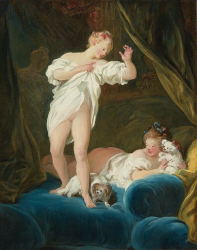 Deux filles sur un lit jouant avec leurs chiens - Jean Honore Fragonard