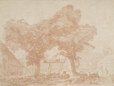 Ferme avec deux arbres, entre lesquels se trouvent des échelles - Jean Honore Fragonard