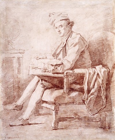 Portrait de Joseph-Jérôme Le Français de Lalande, en pied, assis, de profil à gauche, tenant un livre, un globe reposant sur une table à gauche - Jean Honore Fragonard