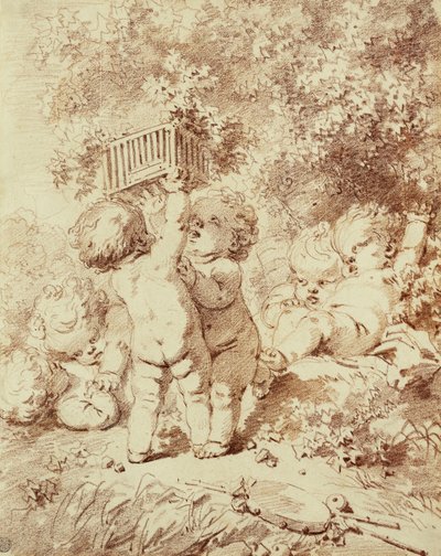 Six putti jouant, deux tenant une cage - Jean Honore Fragonard