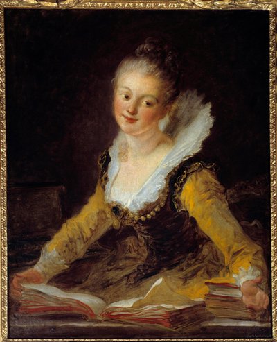 Étude. Une femme dans son bureau feuilletant des livres pour apprendre - Jean Honore Fragonard