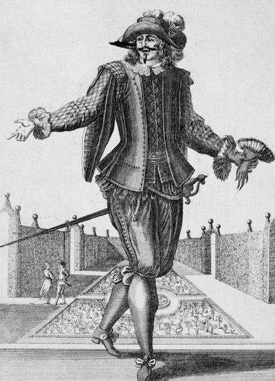 Acteur sérieux, costume de scène, gravure par Jean Berain l