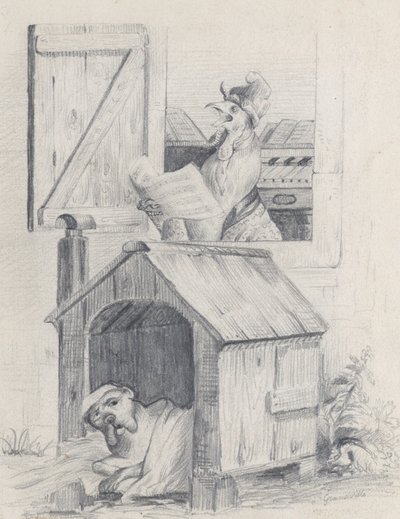 Chien dans une niche, coq chantant à la fenêtre, vers 1842 - Jean Ignace Isidore Gérard