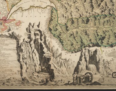 Nova Helvetiae tabula geographica illustrissimis et potentissimis cantonibus et rebuspublicis reformatae religionis Tigurinae, Bernensi, Glaronensi, Basiliensi, Scaphusianae, Abbatis Cellanae (détail) - Jean Jacques Scheuchzer