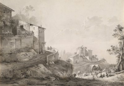 Un paysage ensoleillé avec des maisons sur la colline - Jean Jacques de Boissieu