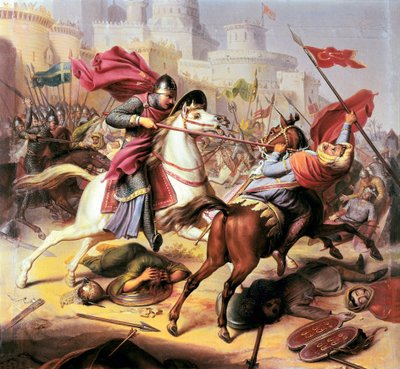 Première croisade : Robert II duc de Normandie dit Robert Courteheuse combattant un soldat musulman lors du siège d
