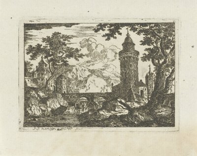 Tour et pont de pierre dans un paysage montagneux - Jean Joseph Hanson