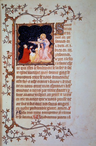Duc Jean Ier de Berry (1340-1416) devant la Sainte Trinité Miniature tirée du manuscrit (ms. lat. 18014) « Les Petites Heures de Jean de Berry » enluminé par Jean le Noir, vers 1375. Paris, B.N. - Jean Le and workshop (attr. to) Noir