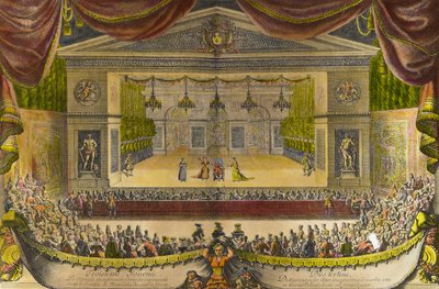 Représentation du malade imaginaire à Versailles. Représentation de la pièce de Jean Baptiste Poquelin dit Molière (1622-1673) devant la grotte de Thétis dans les jardins de Versailles en présence du roi Louis XIV - Jean Lepautre