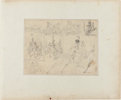 Feuille de croquis : Batailles de cavalerie et soldats à cheval - Jean Louis André Théodore Géricault