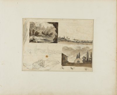 Feuille de croquis : Quatre paysages et un lévrier - Jean Louis André Théodore Géricault