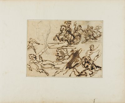 Feuille de croquis : Lanciers, nus en difficulté, autres sujets - Jean Louis André Théodore Géricault