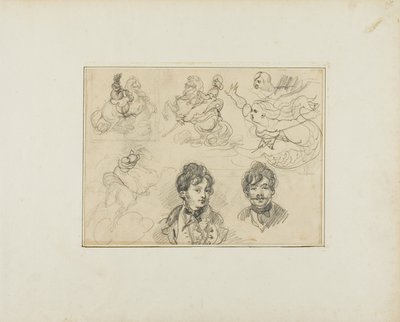 Feuille de croquis : Cavaliers, sirènes et deux portraits de jeunes hommes - Jean Louis André Théodore Géricault