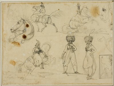 Feuille de croquis : Soldats, chevaux et paysage - Jean Louis André Théodore Géricault