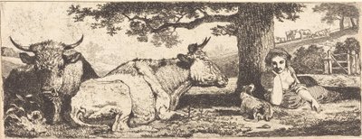 Deux vaches et une femme allongée - Jean Louis Demarne