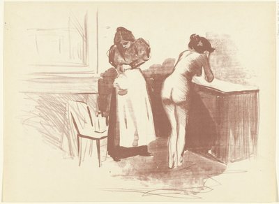 Femme nue se lavant avec une servante à côté d