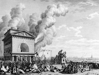 Révolution française : Incendie de la barrière de la conférence à Paris le 12 juillet 1789. Gravure par Berthaut d