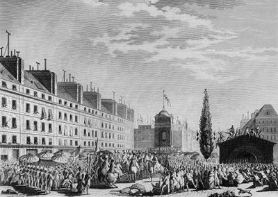 Révolution française : Proclamation de la Constitution (Monarchie constitutionnelle : Séparation des pouvoirs et institution de la monarchie constitutionnelle) Place du Marché des Innocents à Paris le 14 septembre - Jean Louis II (after) Prieur