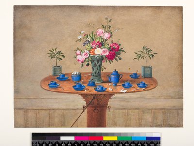 Nature morte avec un vase de fleurs et un service à thé, 1810 - Jean Louis Prevost