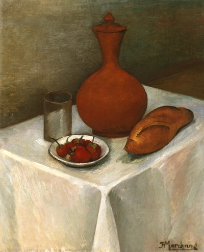 Nature morte avec cruche en terre cuite, pain et fraises - Jean Marchand