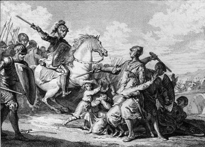 Assassinat des fils de Thierry II de Bourgogne en 613, en présence de Clotaire II (584-628), roi de Neustrie. Parmi eux, Sigebert II (601-613). Gravure de Jean Michel Moreau, dit Moreau le Jeune (1741-1814). - Jean Michel the Younger Moreau