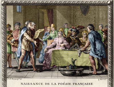 Naissance de la poésie française : Troubadours, suivis de jongleurs et ménestrels, récitent les premiers poèmes en français lors des festivités parmi les nobles au 12ème siècle. Gravure de Moreau le Jeune - Jean Michel the Younger Moreau