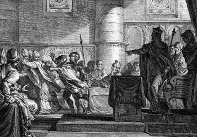Clergé entre clergé et noblesse réunis au Parlement à Épernay (Marne) par Charles le Chauve (846). Gravure de J. P. Le Bas d