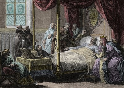 Mort de Dagobert Ier (602/605-638), roi des Francs, en présence de sa femme, la reine Nantilde (ca. 610-642) et de son fils, le futur Clovis II (ca. 635-657). Gravure de Jean Michel Moreau, dit Moreau le Jeune (1741-1814) - Jean Michel the Younger Moreau