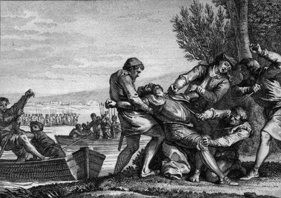 Mort de Guillaume Ier de Normandie (910-942), assassiné par les Flamands à Piquigny (Somme), 943. Gravure de Jean Michel Moreau, dit Moreau le Jeune (1741-1814) - Jean Michel the Younger Moreau