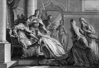 Emma de France, sœur de Hugues le Grand, se prosterne à ses pieds. Mariée à Raoul de Bourgogne, elle décide, à la demande de son frère, de donner la couronne de France à son mari, déclarant « mieux vaut embrasser son » - Jean Michel the Younger Moreau