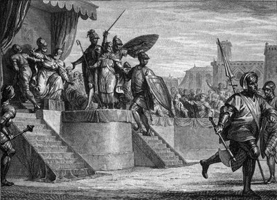 Fin de la dynastie mérovingienne, 751 : déposition du roi Childéric III (ca. 714-754) par Pépin le Bref (714-768). Gravure de Jean Michel Moreau, dit Moreau le Jeune (1741-1814) - Jean Michel the Younger Moreau