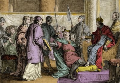 Érispoé (mort en 857), roi de Bretagne (Herispogius - Hervspogius - Respogius) reçoit les ornements du royaume des mains de Charles II le Chauve (823-877), 851. Gravure par Jean Michel Moreau, dit Moreau le Jeune (1741-1814) - Jean Michel the Younger Moreau