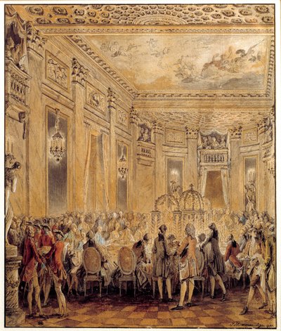Fête donnée par Jeanne Bécu, comtesse (ou Madame) du Barry (1743-1793), maîtresse de Louis XV, au château de Louveciennes le 2/09/1771 Aquarelle par Jean Michel Moreau le Jeune (1741-1814). Paris, musée du Louvre - Jean Michel the Younger Moreau