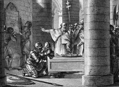 Fulrade (Fulrad), grand chapelain de Pépin le Bref, offre au pape Étienne II les clés de quinze villes prises aux Lombards qui formeront la base de l