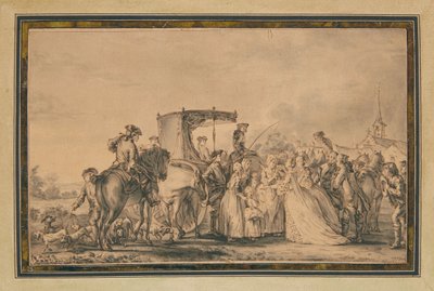 Marie-Antoinette, sortant de son carrosse et entourée de son cortège, réconfortant un paysan - Jean Michel the Younger Moreau