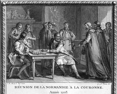 Attachement de la Normandie à la France en 1203 : gravure représentant Jean Sans Terre (1167-1216) recevant la nouvelle de la conquête de Rouen par le roi français Philippe Auguste. Gravure par Moreau le jeune. - Jean Michel the Younger Moreau