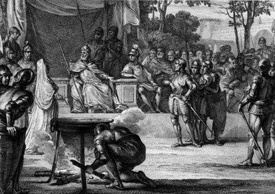Ordalies ou "les jugements de Dieu", 831 : accusés de trahison envers Louis Ier le Pieux, Judith Welf, son épouse, et Bernard de Septimanie, chambellan du royaume, tentent de prouver leur innocence devant une assemblée - Jean Michel the Younger Moreau