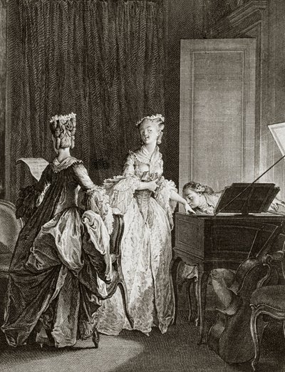 Saint Preux et Claire au clavecin dans «Julie ou la nouvelle Héloïse» par le philosophe suisse Jean-Jacques Rousseau (1712-1778) - gravure par Moreau le jeune, Jean Michel (1741-1814) - Jean Michel the Younger Moreau