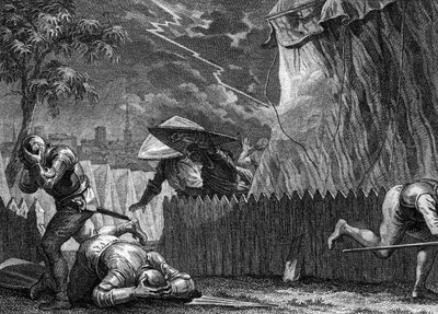 Siège de Poitiers, 954 : pendant une tempête, une lumière détruisit la tente de Hugues le Grand (897-956). Gravure de Jean Michel Moreau, dit Moreau le Jeune (1741-1814) - Jean Michel the Younger Moreau