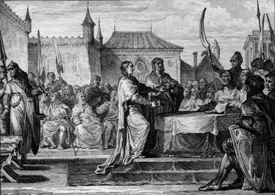 Succession de Pépin le Bref, 768 : une assemblée décide de diviser le royaume entre ses deux fils, Charlemagne (747-814) et Carloman (ca. 751-771), rompant ainsi les arrangements faits par Pépin le Bref. Gravure de Jean Michel Moreau, dit Moreau le Jeune - Jean Michel the Younger Moreau