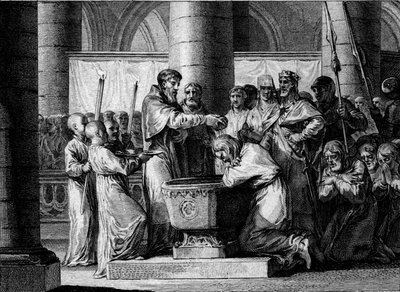 Guerre contre les Saxons, 785 : baptême de Witikin de Saxe (ou Widukind, Wittekind). Battu par l