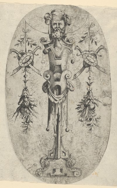 Figure terminale masculine, tête avec barbe et turban sur un piédestal à trois quarts de courroie, vers 1543-45 - Jean Mignon