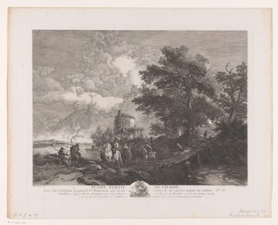 Groupe de chasse dans un paysage avec un pont - Jean Moyreau
