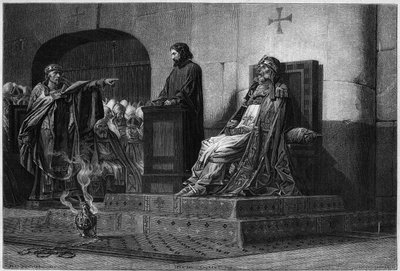 Le Pape Formose et Étienne VII. Le Concile Cadavérique, 897 : le cadavre du Pape Formose (pape de 891 à 896), vêtu de ses habits pontificaux, comparé devant une assemblée synodale présidée par le Pape Étienne VI ou VII (pape de 896 à 897), à l