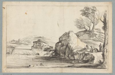 Paysage avec nageurs près d