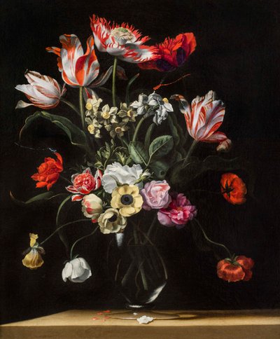 Tulipes, jonquilles, œillets, coquelicots, anémones et autres fleurs dans un vase en verre sur une étagère en bois, une paire, 17ème siècle - Jean Picart