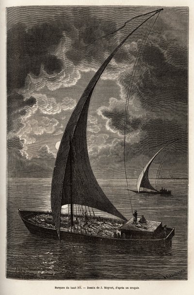 Les barques du haut Nil, équipage réduit et passagers dormant sur le pont, au clair de lune, gravure d