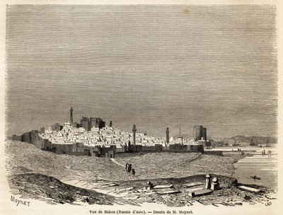 Vue de Bakou (Russie, Azerbaïdjan), dessin de M. Moynet, pour illustrer le voyage sur la côte de la mer Caspienne, en octobre 1858, par M. Moynet. Gravure dans « Le tour du monde, nouveau journal des voyages » Paris - Jean Pierre Moynet